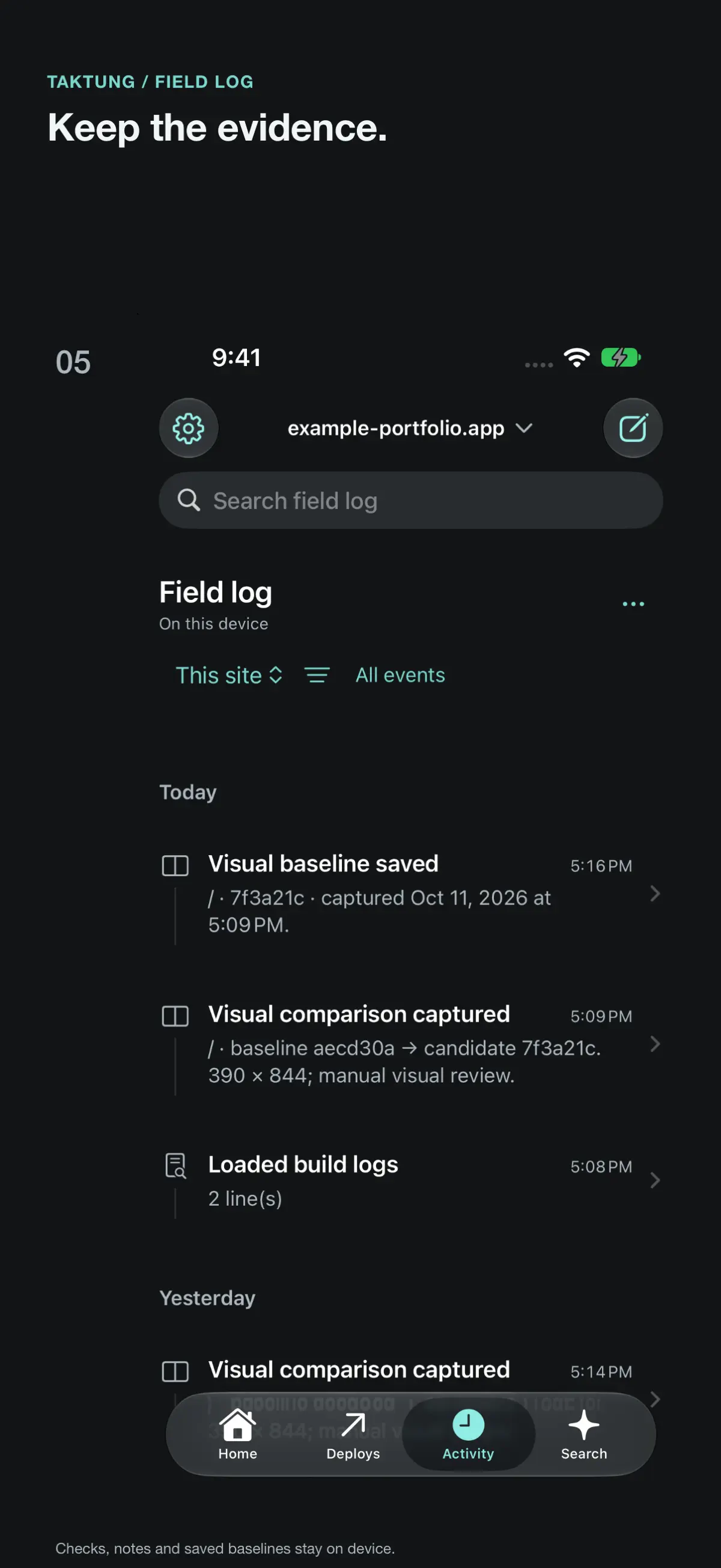 Taktung App Store screenshot: Field Log