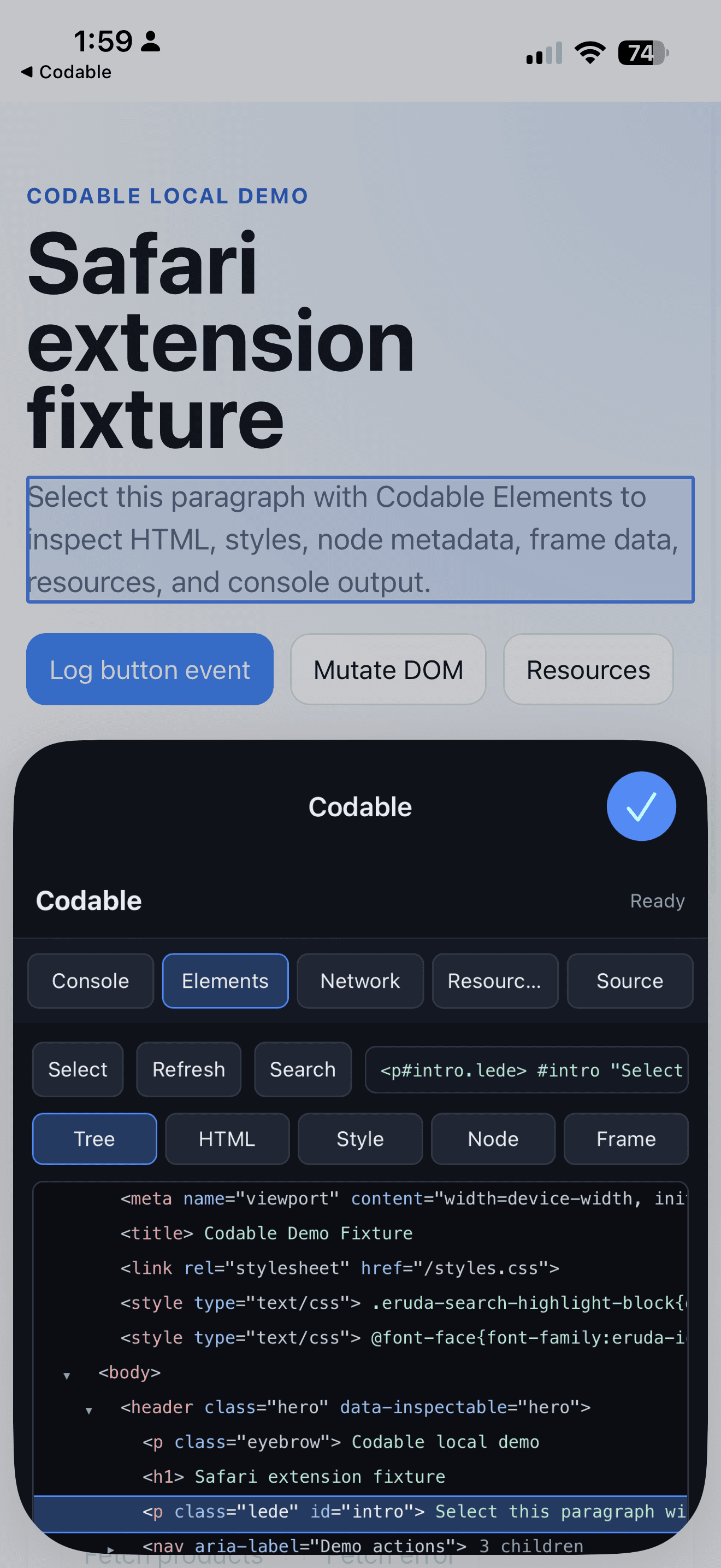 Codable: Elements panel inspecting a selected Safari page paragraph
