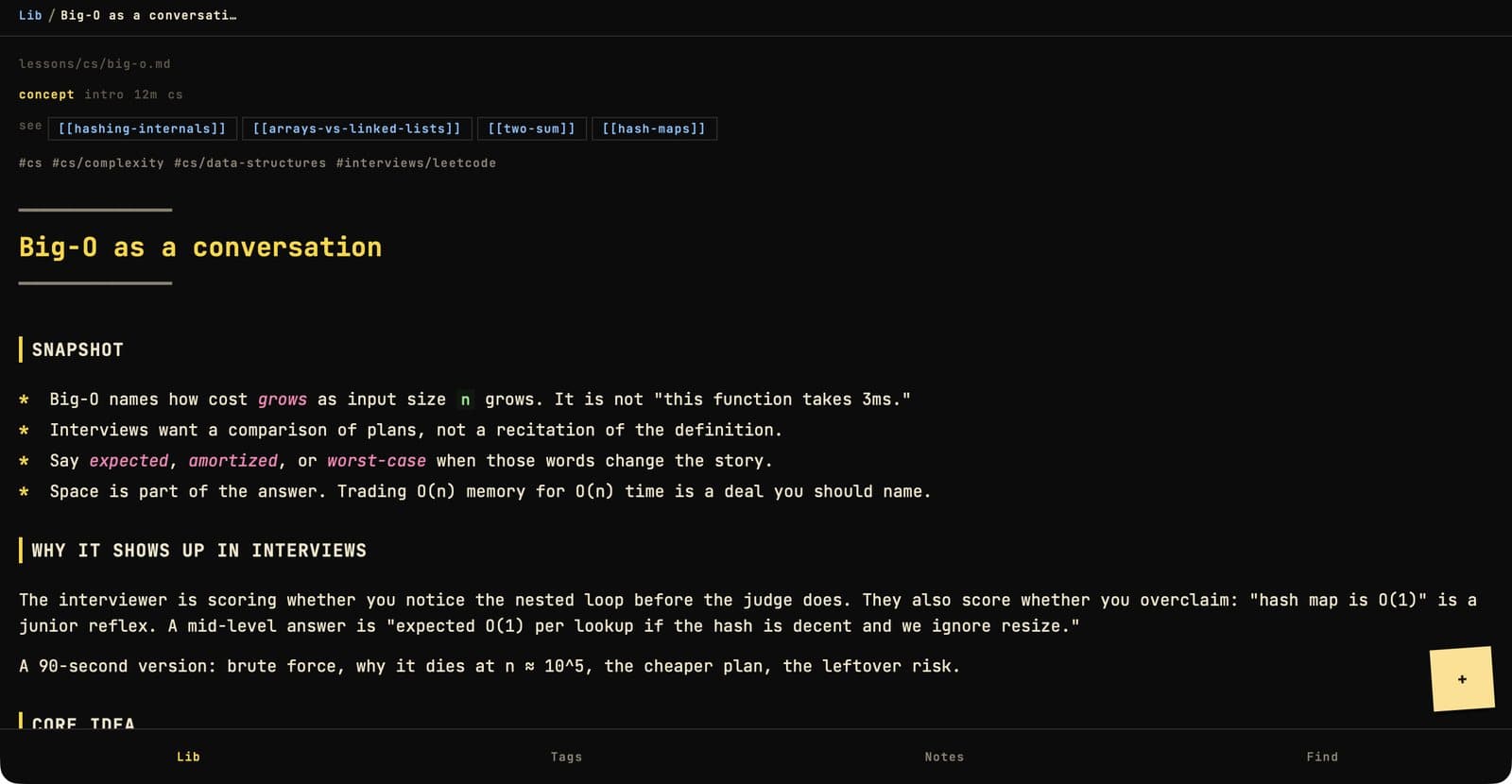 Codeatrophy: Big-O lesson with snapshot, interview notes, and a runnable example