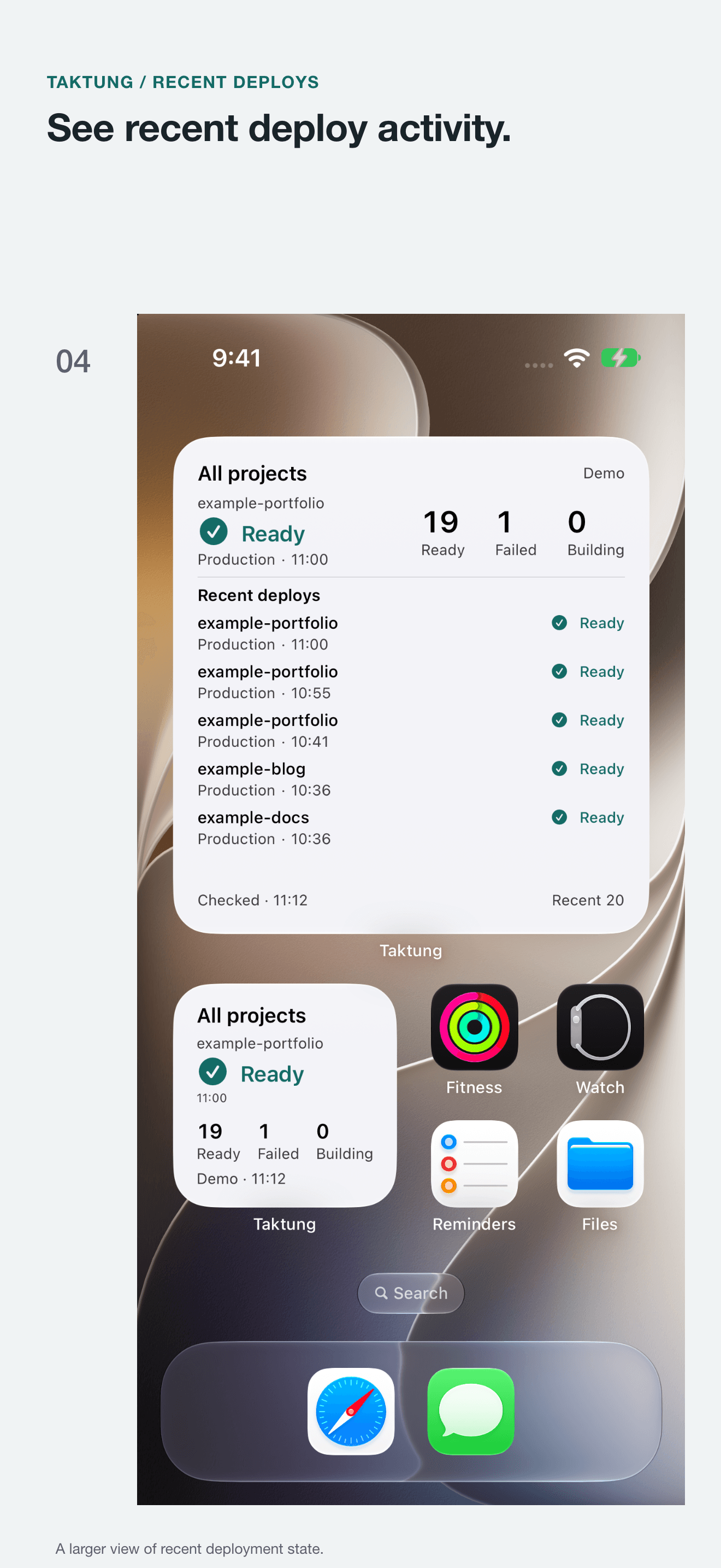 Upcoming Taktung large widget with recent deployment activity
