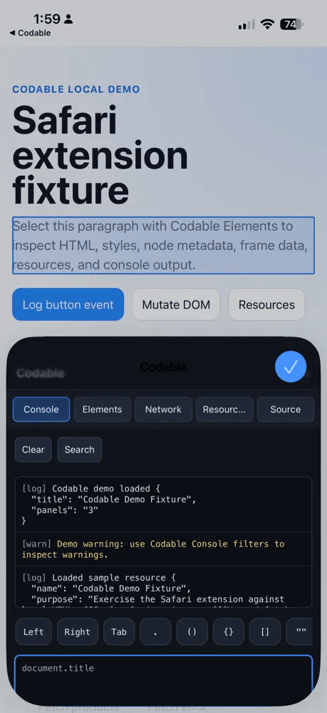 Codable — Console panel showing JavaScript log output from a live page