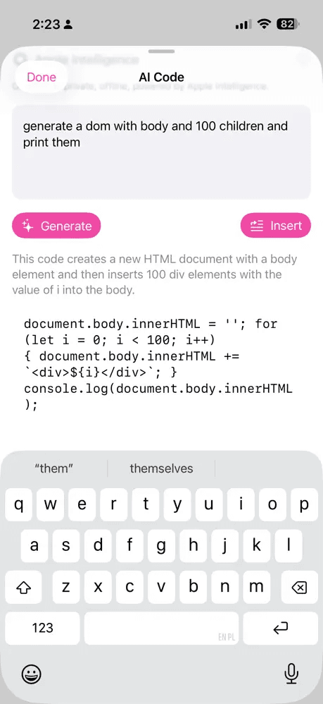 Codable — AI Code generation panel with prompt input and generated JavaScript