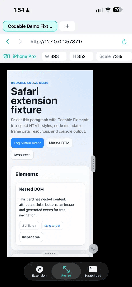 Codable — Resize mode showing responsive viewport at iPhone Pro dimensions