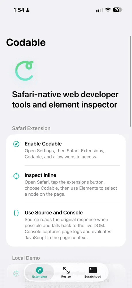 Codable — Extension intro screen showing Safari-native web developer tools